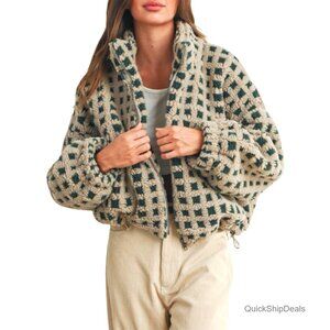 Long Sleeve Cropped Sherpa Fleece Jacket, Plaid Teddy Coat, Zip Front, Relaxed